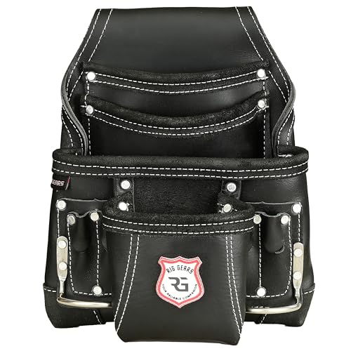 Leather Tool Belt for Electrician Tool Pouch Bags|10 Pocket Carpenter Tools Construction Framers Electrician Tool Belt Pouches|2X Metal Hammer Holder|Heavy Duty Leather Tool Pouch (Black Standard)