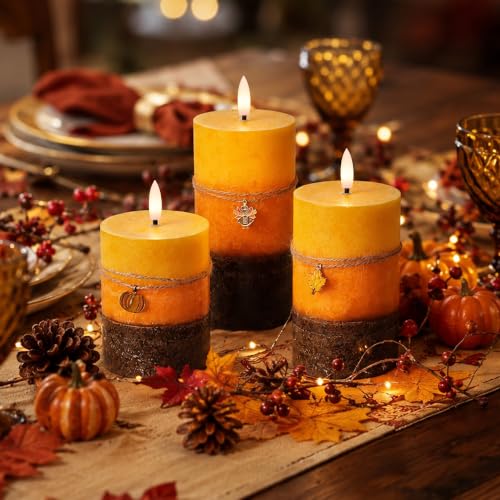 Image of Fall Flameless Candles with Remote, 3 Pack Orange Thanksgiving LED Candles