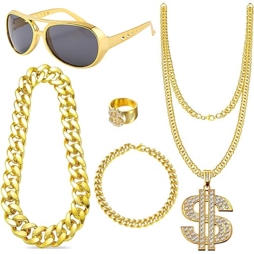 Betrynidil Accessoires Rappeur Années 80/90 | Kit Déguisement Hip Hop Complet, Lunettes & Bijoux Or à Signe de Dollar - Effet Bling Bling (5 pièces)