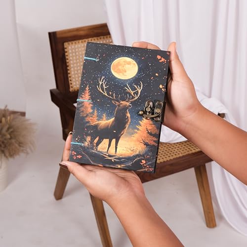 Image of CRAFT JUNKY Journal Diary with Handcrafted Box, 5 x 7 Inch Special Binding Unruled Lock Diary for Girls, Art Book with Aesthetic Print Sketch Book for Artists, 200 Acid-Free Pages A5 (DEER)