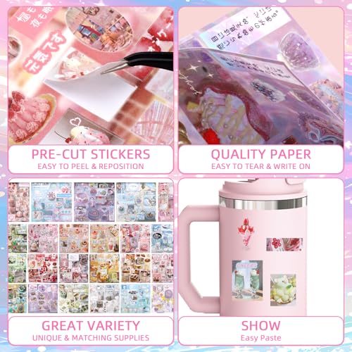 Image of 650Pcs Cute Scrapbook Stickers Travel Y2k Japanese Sticker Book for Adult Kawaii Korean Stickers for Journaling Aesthetic Sticker Food Glitter Heisei Retro Decor for DIY Crafts Junk Journal Gifts Pink
