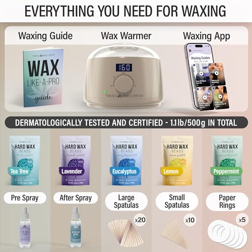 Image of Tress Wellness Award Winning Waxing Kit for Sensitive Skin - Safe for Face & Skin, Easy to Use - At-Home Kit for Face, Bikini, Brazilian & Full Body - Digital Display, Beige