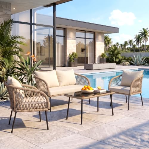 Image of OUTLIVING Braid Rope & Metal Frame Outdoor 4-Seater Sofa Set with Tempered Glass Top Center Table, Water-Repellent Cushions & Handwoven Design for Patio, Garden and Balcony (Beige)