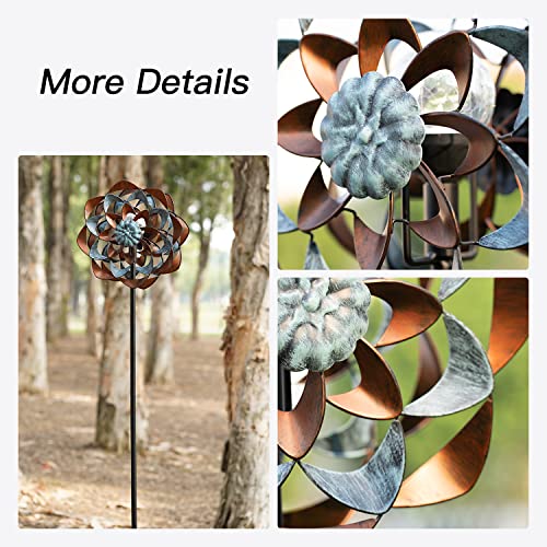 Cyan Oasis Yard Garden Wind Spinners With Solar Lights, Outdoor Metal Flower Wind Spinners, Lawn Yard Art Garden Decor (13" W X 74" H) #TOP7