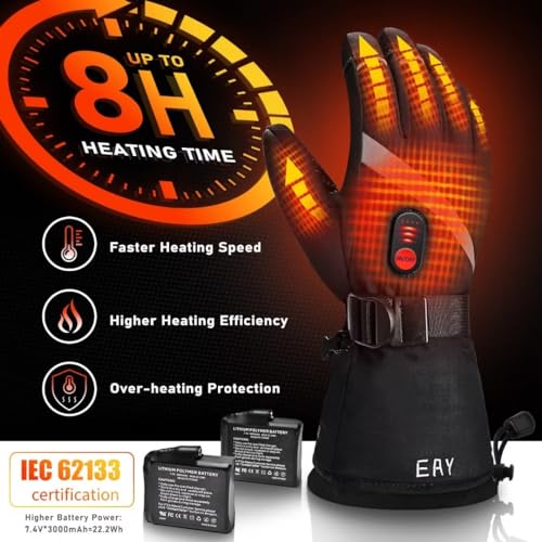 EAY Heated Gloves for Men & Women - Rechargeable 7.4V 3000mAh Battery, Touch Screen Waterproof, Winter Warm Electric Gloves for Ski, Snowboarding, Hunting, Hiking, Camping