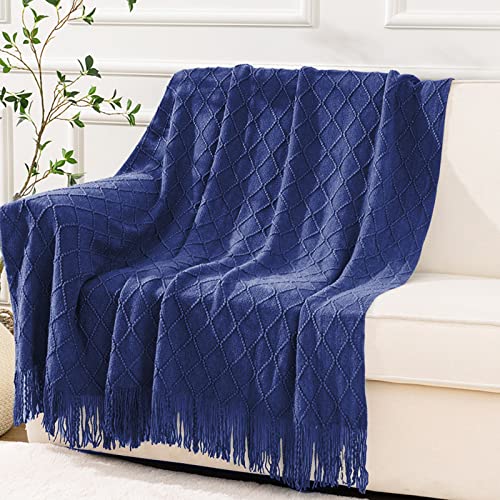 inhand Navy Blue Throw Blanket for Couch and Bed, Soft Living Room Home Decor Knitted Blanket with Tassel, Outdoor Lightweight Breathable Summer Blanket, Farmhouse Warm Woven Decorative, 50"x60"