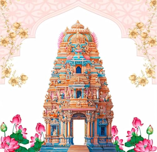 Image of Gopuram Temple Backdrop | Traditional Housewarming (Griha Pravesh) Temple Backdrop Decoration | varalakshmi Backdrop Cloth for Decoration Pooja 5x5 feet