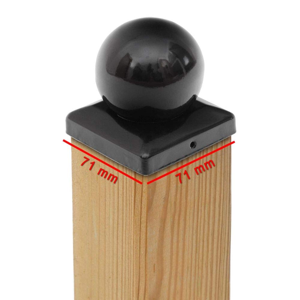4x Remate para Poste 71x71 mm con Bola Negra – Capuchón de Acero Revestido en Polvo para Postes de Madera 70x70 mm – Protector Decorativo de Valla con Fijación Lateral