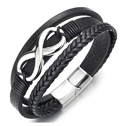 COOLSTEELANDBEYOND Uomo Donna Infinito Amore Eterno Numero 8 Tres Hilos Nero Trenzado Bracciale di Cuoio, Braccialetto Pelle