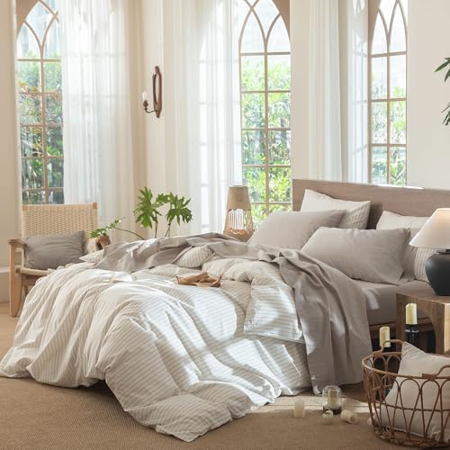 Image of MooMee Bedding Sheet Set 100% Washed Cotton Linen Like Textured Breathable Durable Soft Comfy (Heathered Cream Grey, Full)