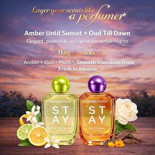 Image of FACES CANADA STAY Amber Until Sunset Eau de Parfum for Women, 50ml | Long-Lasting Oriental, Ambery Vanilla Perfume with Bergamot, Amber, Vanilla & Musk | Warm Day-to-Night Scent| Gifts for Women | Premium Fragrance