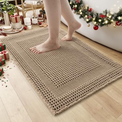 AMOAMI Waffle Bath-Mat, Absorbent Bath Mats for Bathroom Non Slip, Machine Washable Bathroom Rugs with Tassels Ultra Soft Boho Bath Rugs for Floor 18"x30" Beige Beige 18''x30''