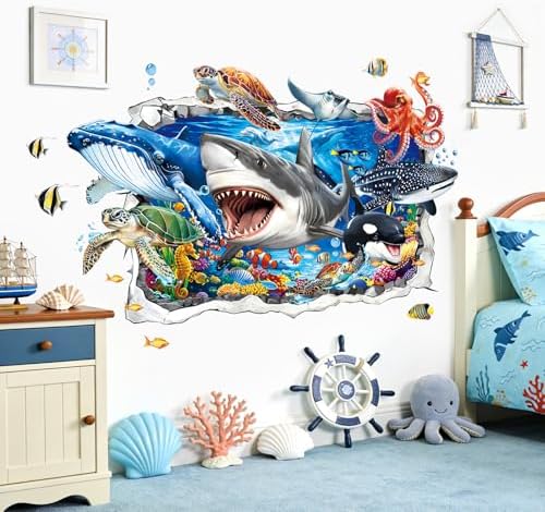 decalmile 3D Ocean Animals Break Through Wall Stickers Sea Animals Shark Turtle Whale Tropical Fish Wall Decals Bathroom Baby Nursery Kids Bedroom Playroom Home Decor