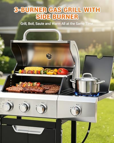 Image of EUHOME 3 Burner Propane Gas Grill with Side Burner, 40,500 BTU Stainless Steel BBQ Grill, 380 Sq.In Cooking Area, Cast Iron Grates, Outdoor Gas Grill for Patio, Backyard, Garden & Outdoor Cooking