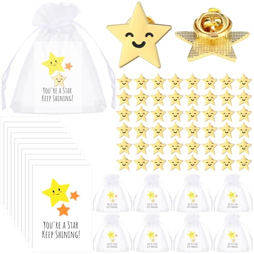 Huquary 25/50set Gold Star Pins Bulk Gold Metal Y2k Motivational Pins Employee Appreciation Gift Include Pin Cards and Bag Thank You Gift(50set)