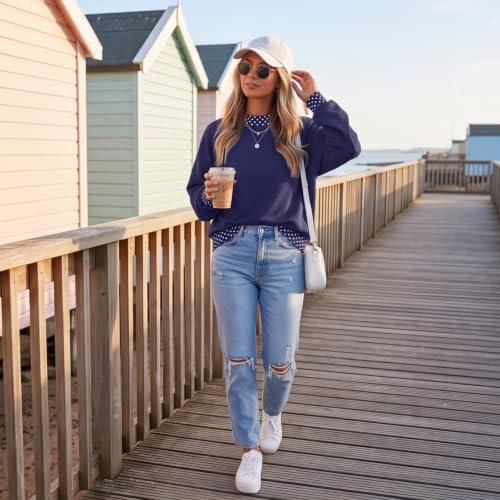 Mock Neck Sweatshirt Women Scalloped Edge Patchwork Polka Dot Pullover - image 6