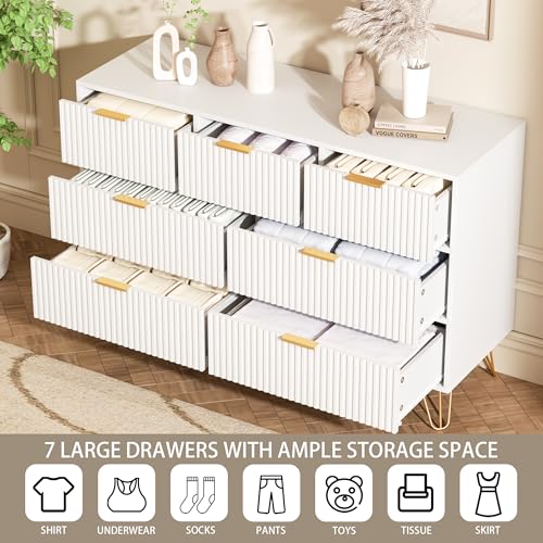 Image of Furniway Dresser for Bedroom, Modern Fluted 47.2 inch Wide Chest of Drawers with Gold Pulls and 7 Drawers, 15.7 inch D x 47.2 inch W x 31.4 inch H, White