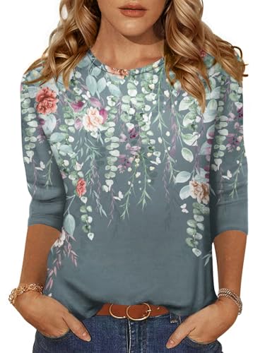 Zeagoo Shirts For Women Three-quarter Sleeve T-shirt Leaves Print Casual Crew Neck Top For Spring Summer Fashion Work Blouses Tops