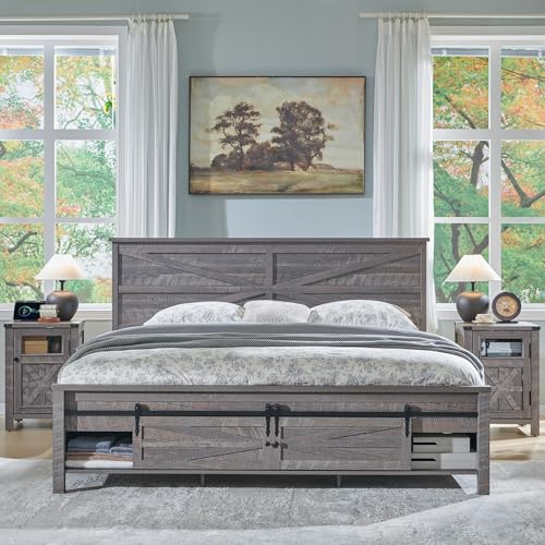 JXQTLINGMU King Farmhouse Wood Bed Frame with Sliding Barn Door Storage Cabinets, Solid Wood Slats Support, Noiseless, No Box Spring Needed, Grey