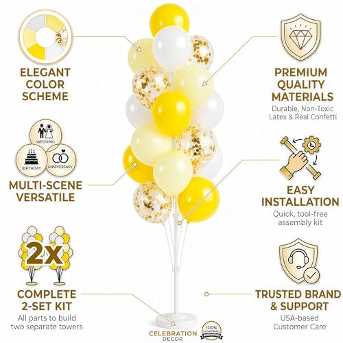 Image of Hiins Balloon Column Kit Set of 2 With Pastel Yellow White Gold Confetti Balloons with Base,Pole,Balloon Tower Backdrop Decoration for Bee Lemon Wedding,Baby Shower,Birthday Party,Bachelorette Party