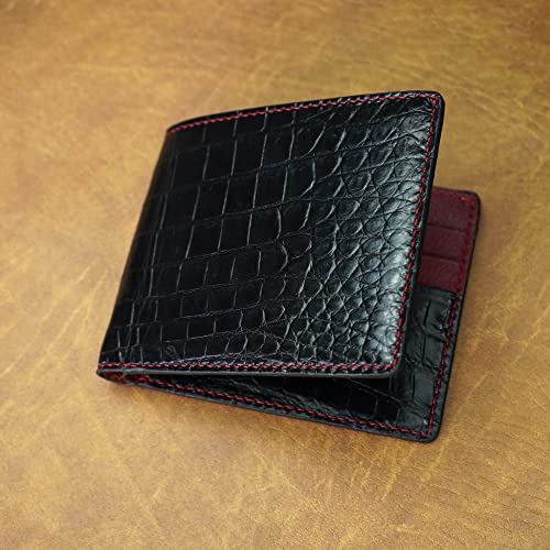 Image of HATA Black Red Bifold Wallet for Men, Exotic Billfold with Mixed Leather Interior, RFID Blocking Card Holder, Handmade Gift for Birthday, Anniversary, Father's Day VIMIX-12
