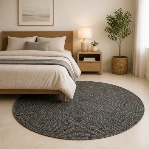 Image of Handmade Cotton Braided 5x5 feet Area Rug - Washable, Low Pile Reversible Floor Mat for Bedroom, Kitchen, Entryway & Living Room - Eco-Friendly Woven Carpet - (Charcoal, Round)