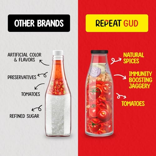 Image of REPEAT GUD Healthy Tomato Ketchup For Kids | No Refined Sugar, Made With Jaggery | 100% Natural Ingredients | No Chemical | No Preservatives | No MSG | No GMO | No Cornstarch | 100 % Vegetarian | 225 gm