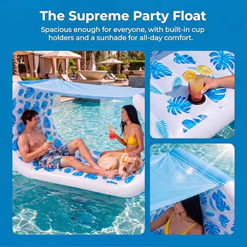 Image of Giant Inflatable Pool Float with Shade, 157 inch x 36 inch Extra Large Floating Couch Island Cabana Luxury Lounger with Canopy, Cup Holders, Backrest, Handle, Electric Air Pump for 2 Adults, Tropical Print
