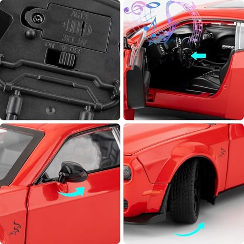 Image of 1 /24 Dodge Challenger Hellcat Model Car, Zinc Alloy Pull Back Toy car with Sound and Light for Kids Boy Girl Gift (Red)