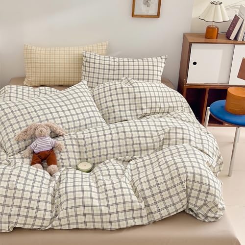 HighBuy Muslin Duvet Cover Twin XL Size,100% Cotton Muslin Gingham Grey Grid Plaid Comforter Cover Bedding Set 3 Piece Vintage Checkered Chic Gauze Cotton Bedding Duvet Cover Set