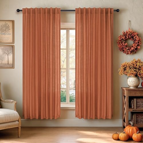 Dusty Burnt Orange Curtains 63 Inch Length for Living Room 2 Panels Set Back Tab Rod Pocket Lightweight Linen Mid Century Modern 70s Curtains for Bedroom Window Office Workout Gym 52x63 Inches Long