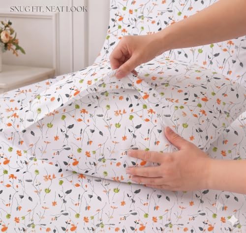 Image of IVAZA 220 TC Soft Ezyption Cotton Floral Single Bed Sheet - Single bedsheet with 1 Pillow Cover Hypoallergenic, Brethable, (Size- 90 x 60 Inch White Orange