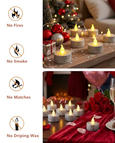 Image of 12Pcs Sliver Glitter Tea Light Candles Battery Operated with Timer