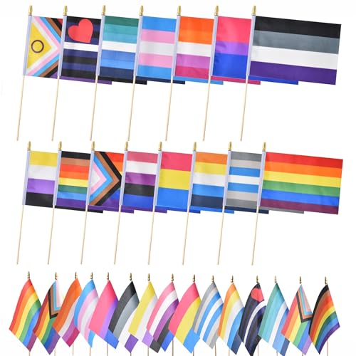 Lebei 15 Different Small Gay Pride Stick Flags Mini Hand Held Rainbow LGBTQ Flag 5x8 Inch