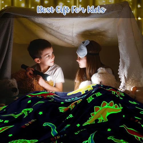 Image of Glow in The Dark Blanket Dinosaur 200 x 152cm / 80 x 60 inch |Gifts for Toddler- Kids-Teen Girls Bedroom Decor All Season Luminous Blanket (Dark Blue)| TC - 140