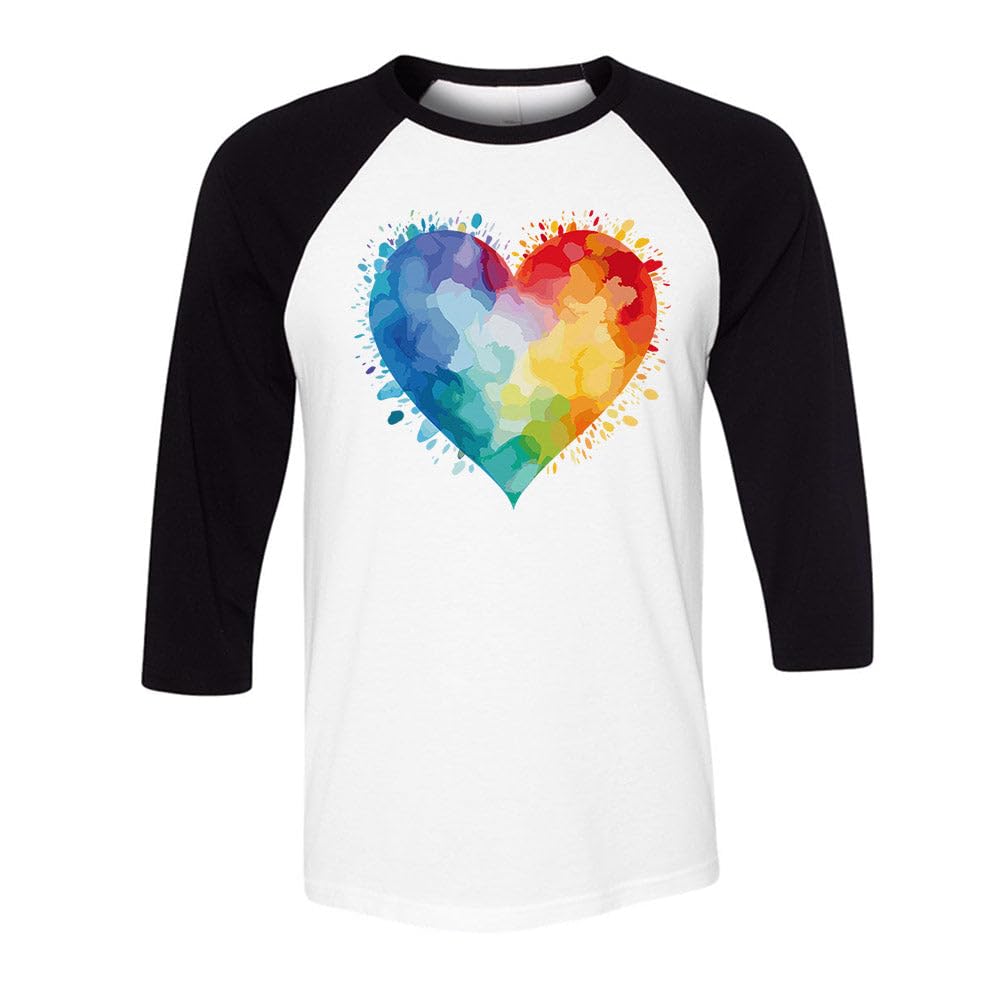 Watercolor Rainbow Heart Three-Quarter Raglan Sleeve Baseball Shirt Unisex 2X-Large White/Black