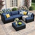 JAMFLY Patio Furniture Sets, 5-Piece Outdoor Patio Furniture with Thick Cushions, Wicker Outdoor Conversation Set Sectional Sofa for Backyard, Poolside, Garden, Aegean Blue
