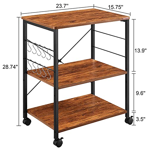 Mr Ironstone Kitchen Stand Microwave Cart 23.7'' For Small Space, Coffee Bar Table 3-Tier Rolling Utility Microwave Oven Rack On Wheels, Coffee Cart With Storage Bakers Rack With 10 Hooks, Vintage #TOP5