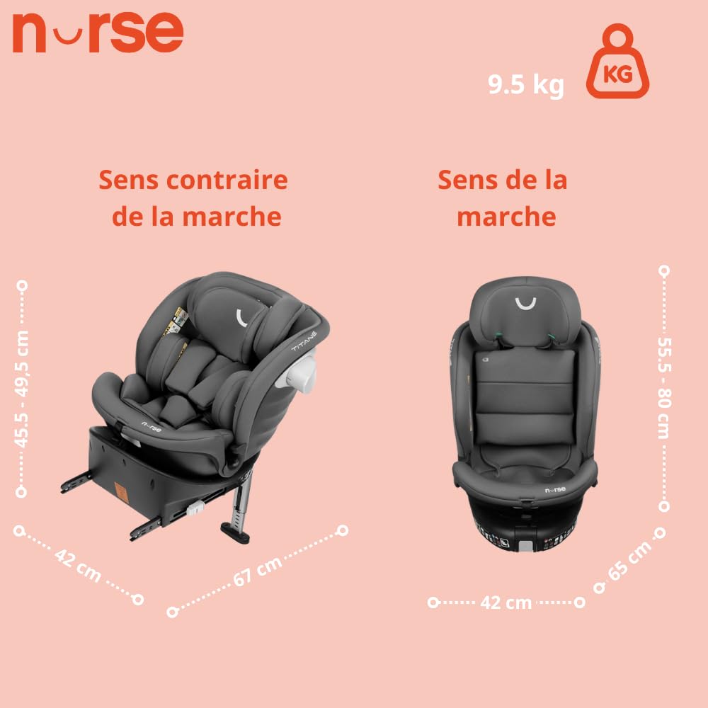 Nurse Titane Siège Auto i-Size 40–150 cm, Pivotant 360º, ISOFIX et Jambe de Support, Dos à la Route et Face à la Route, Protection Latérale, Gris