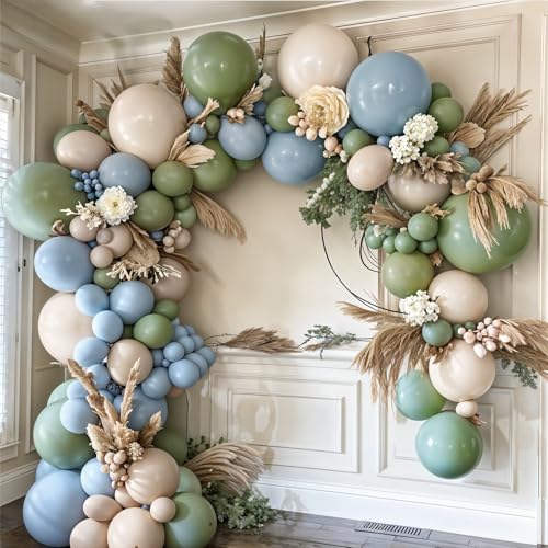 Image of Blue and Green Balloons, Goose Balloon Sage Avocado Green Dusty Slate Fog Blue Sand White Clear Latex Balloons for Boho Bridal Baby Shower Graduation Anniversary Wedding Birthday Party Decorations