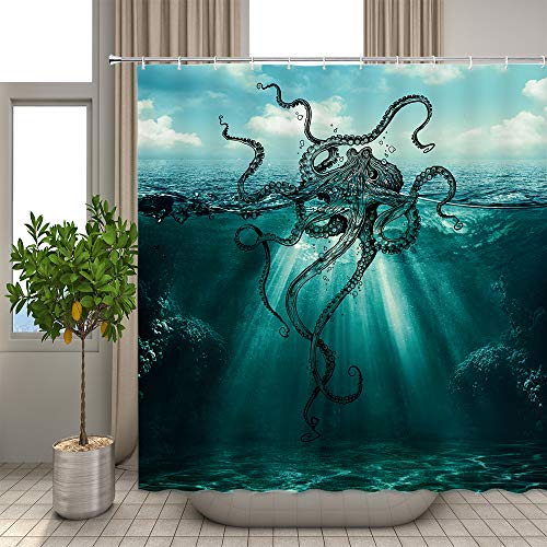Xzman Octopus Shower Curtain Ocean Sea Monster Kraken Octopus Tentacle Unique Seawater Nautical Sea Life Teal Blue Bathroom Decor Polyester Fabric Set With Hooks,(59" Wx70 H) #TOP1