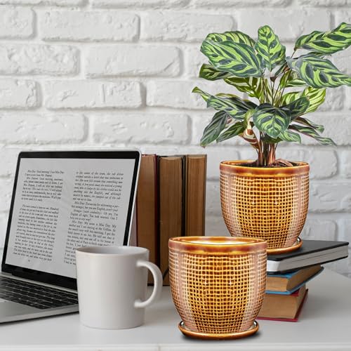 Image of Small Ceramic Pots with Plates for Indoor Plants,Planters Living Room,Pots for Home Decoration (Brown Flower Pots Ceramic Planters with Tray,Set of 2 Clay Pots for Plants,5 inch Planter Pot)