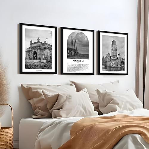Image of PAINTINGMANTRA Wall Framed Painting for Home A3 Mumbai Wall Art Prints Pack of 3 Framed Wall D cor of Heritage Landmarks Gateway of India Bollywood Cityscapes for Living Room, Office (32x44 cm)
