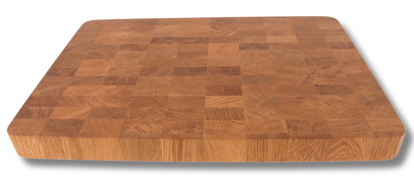 EFO Schneidebrett Holz 50x35x4 cm | Stirnholz Küchenbrett aus Eiche –messerschonend und langlebig | Zweiseitiges Schneidebrett mit praktischen Griffen | Holzbrett groß für Küche mit abgerundeten Ecken