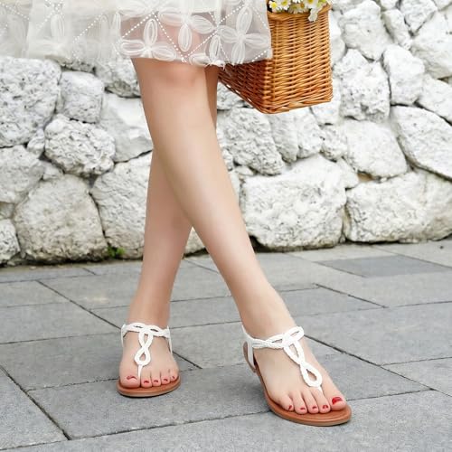 Image of iCKER Womens Braided T‑Strap Flat Sandals Elastic Stretch Ankle Strap | Boho cute casual lightweight and comfort matches dresses for beach vacation