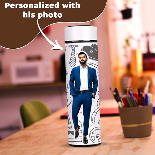 Image of Savri Personalized Stainless Steel White Water Bottle with Your Photo /Wishes /Logo Printed Best for School Going Kids /Return Gift /Christmas /New Year /Festival Gift Item | 500ml (Him)