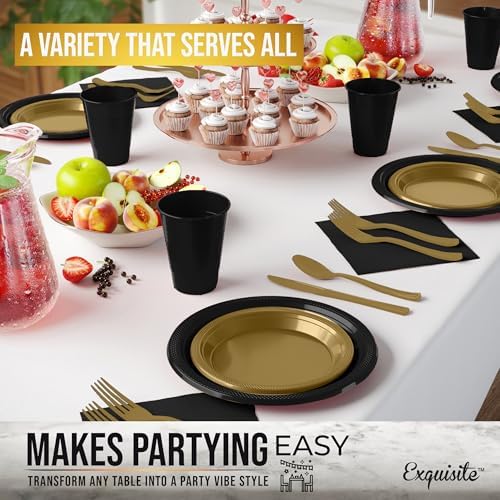 Exquisite 350 Pcs Dinnerware Set - 50 Black Dinner Plates, 50 Dessert Plates, 100 Cups, Gold Napkins, Plastic Cutlery - 3