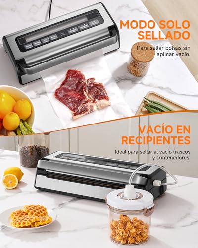 Envasadora al Vacio 95 kPa, 9-in-1 Envasadora al Vacio Domestica con Modo Tiempo & Presión Ajustables, Memoria, Doble Sellado, Cortador & Almacenamiento Integrados, Incl. 2 Rollos & Manguera - imagen 5