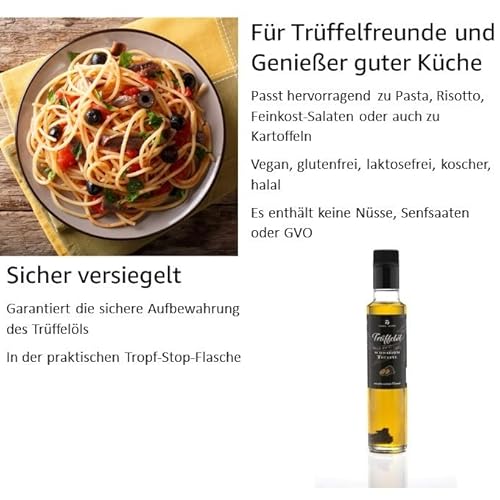 Trüffelöl mit echtem Trüffel. 250ml. Aus nativem Olivenöl extra vergin. Für Saucen und zum Verfeinern von Gerichten. Für vegane und glutenfreie Ernährung geeignet (schwarzer Trüffel, 250ml)