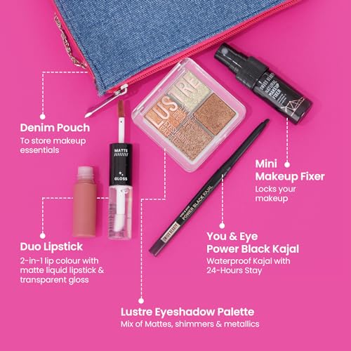 Image of SWISS BEAUTY Easy-To-Do Makeup Kit | Mini Makeup Fixer + Black Kajal + Lustre Eyeshadow Palette + Duo Lipstick With Gloss + Denim Pouch |, 5 count